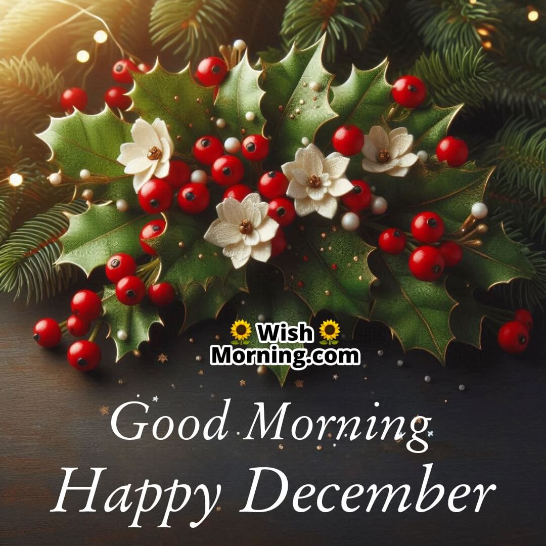 A festive display of holly berries and white holly flowers surrounded by evergreen leaves, illuminated by December morning light with the text Good Morning Happy December.