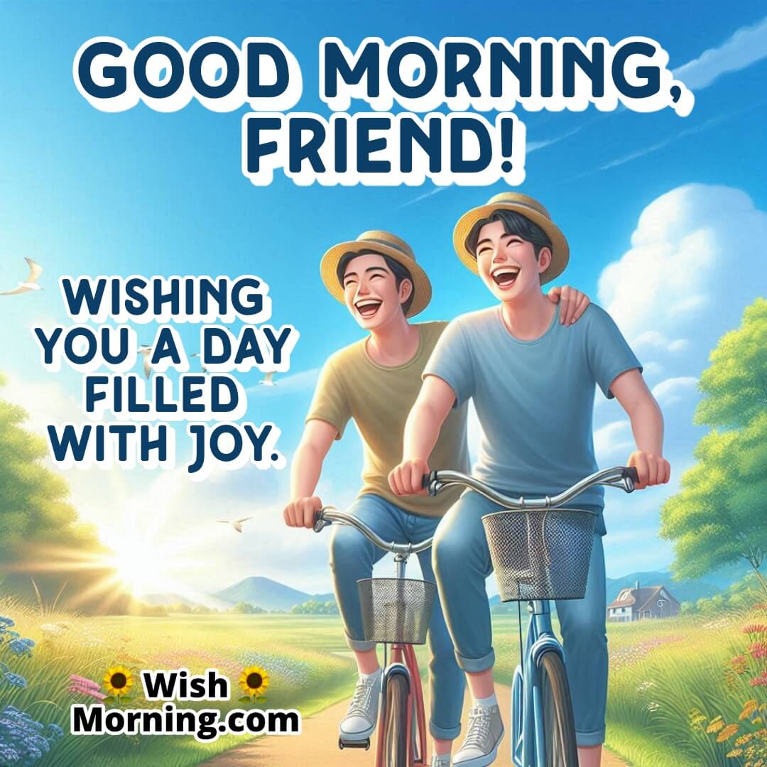 Two friends riding bicycles together under a clear blue sky, laughing and enjoying the simple pleasures of the day.