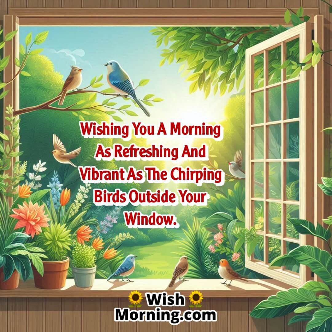 A vibrant morning view with birds chirping outside a window in a lush garden.