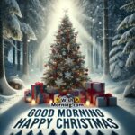 Christmas tree in a snowy forest with gifts and "Good Morning Happy Christmas" in the morning light.