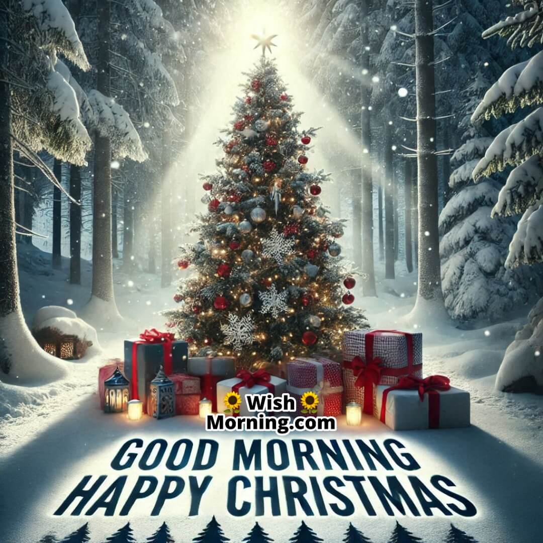 Christmas tree in a snowy forest with gifts and "Good Morning Happy Christmas" in the morning light.