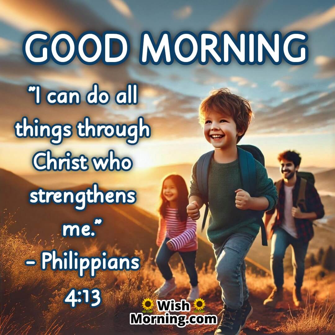 Child climbing a hill with Philippians 4:13.