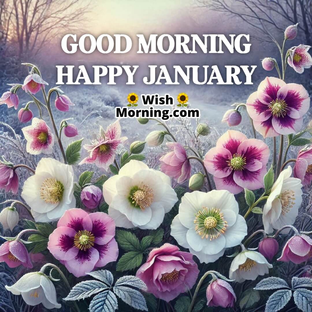 Hellebores blooming in white and pink hues in a frosty garden with Good Morning Happy January text.