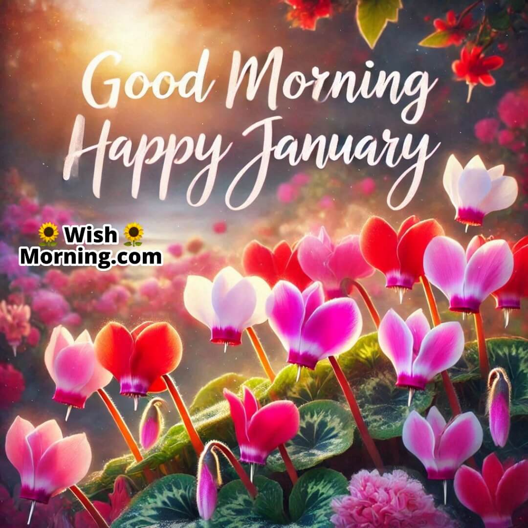 Bright cyclamens in red and pink bloom under soft January morning light with Good Morning Happy January text.