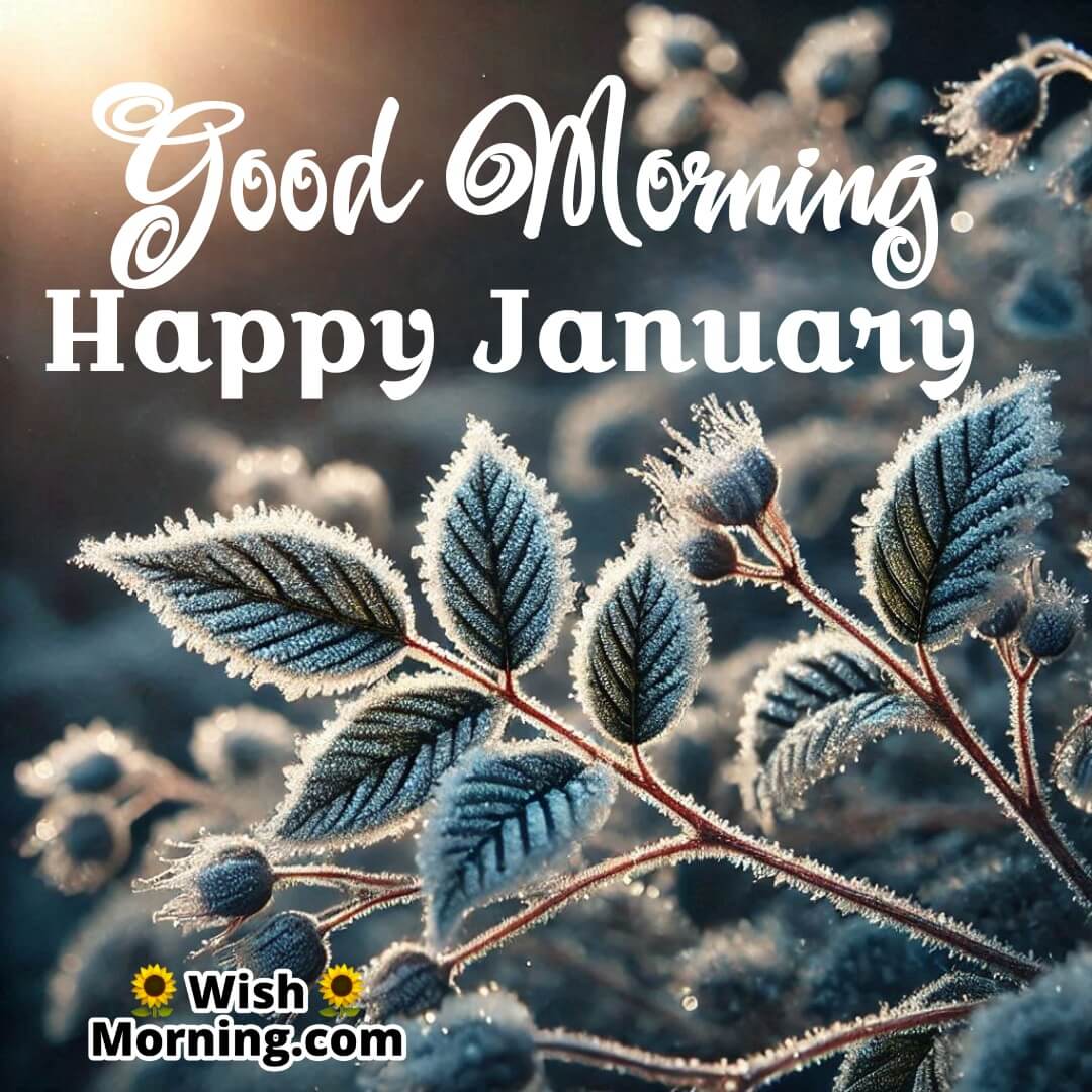 Frost-covered leaves glistening under the morning sunlight, symbolizing fresh beginnings, with Good Morning Happy January in a clean font.