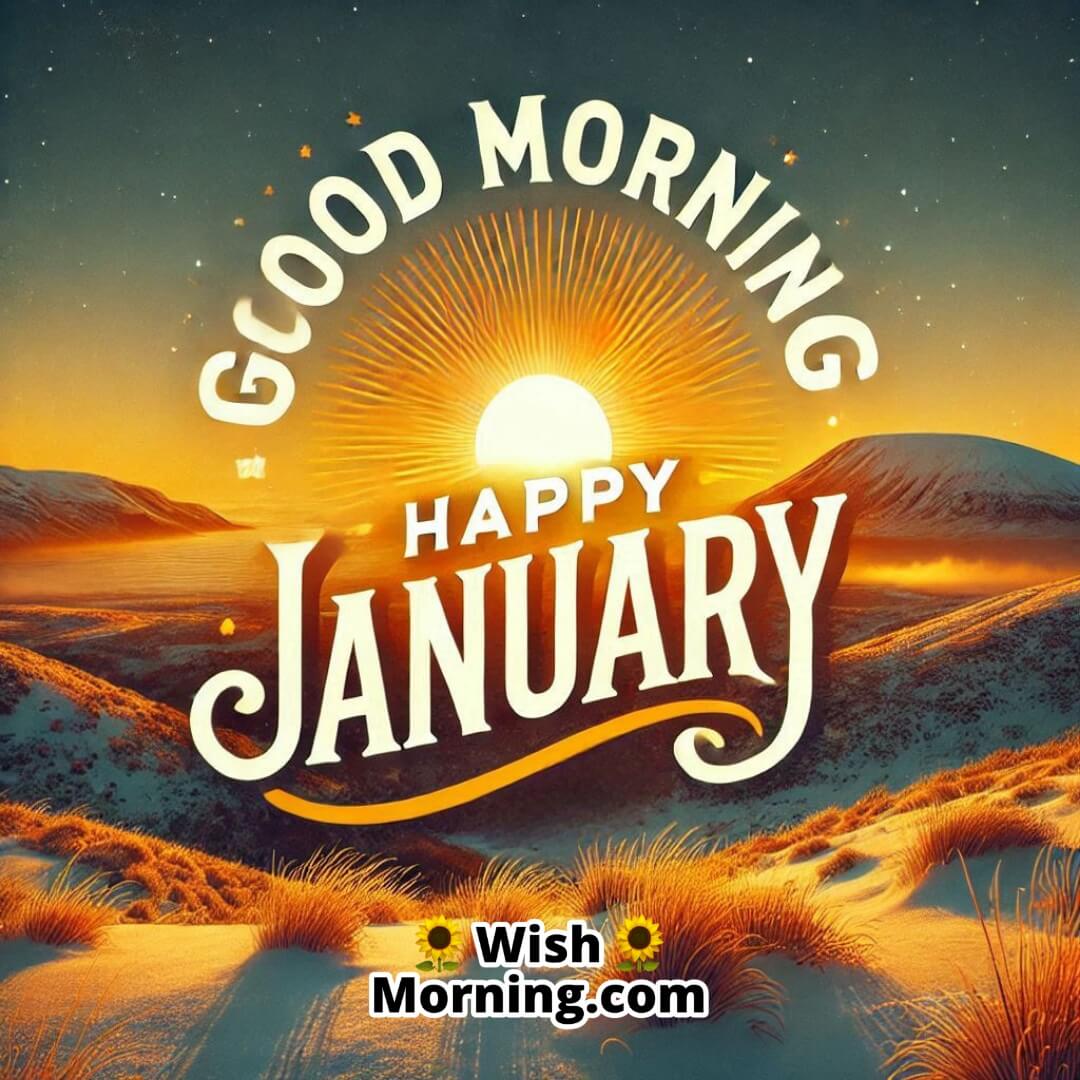 Golden sunrise over snowy hills, casting a warm glow on the January morning, with Good Morning Happy January in a bold, motivational font.