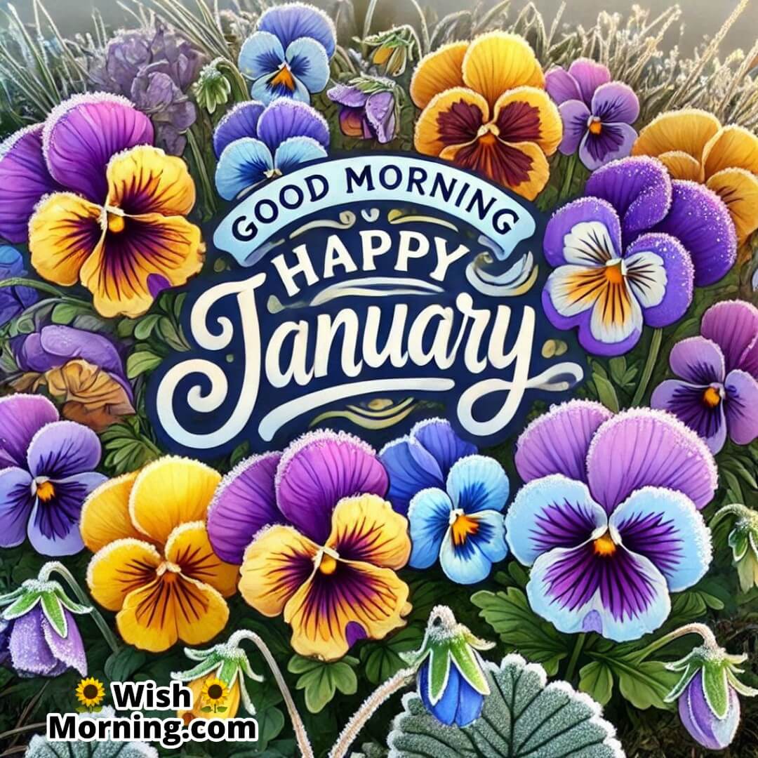 Frost-covered pansies in purple and yellow bloom under winter sunlight with Good Morning Happy January text.