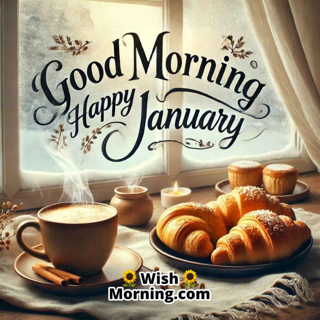 A cozy breakfast setting with a steaming coffee mug and pastries by a frosted window showing a snowy January morning, with Good Morning Happy January in a warm font.