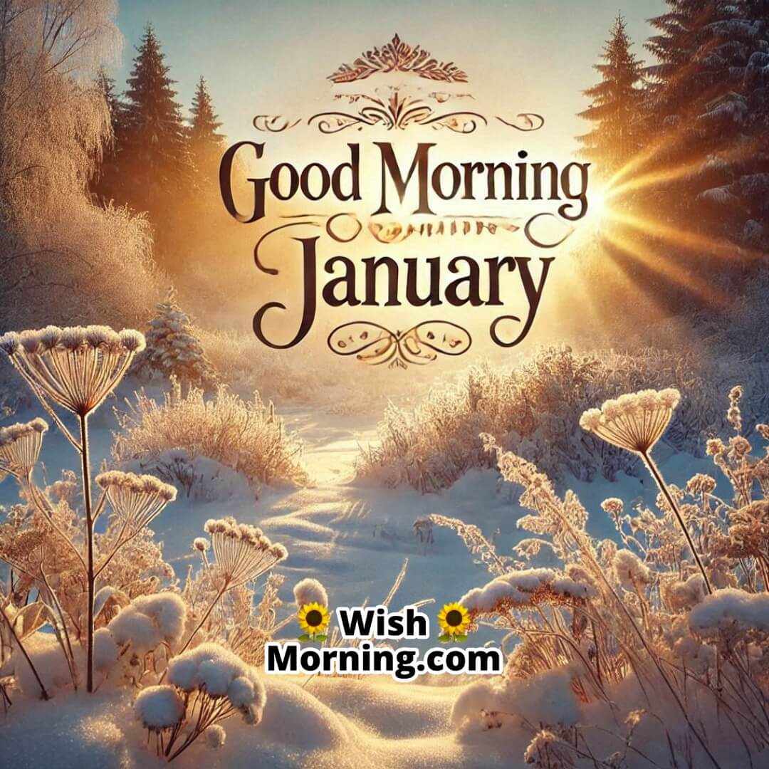 A snow-covered garden  and soft morning sunlight, featuring Good Morning Happy January in a graceful font.