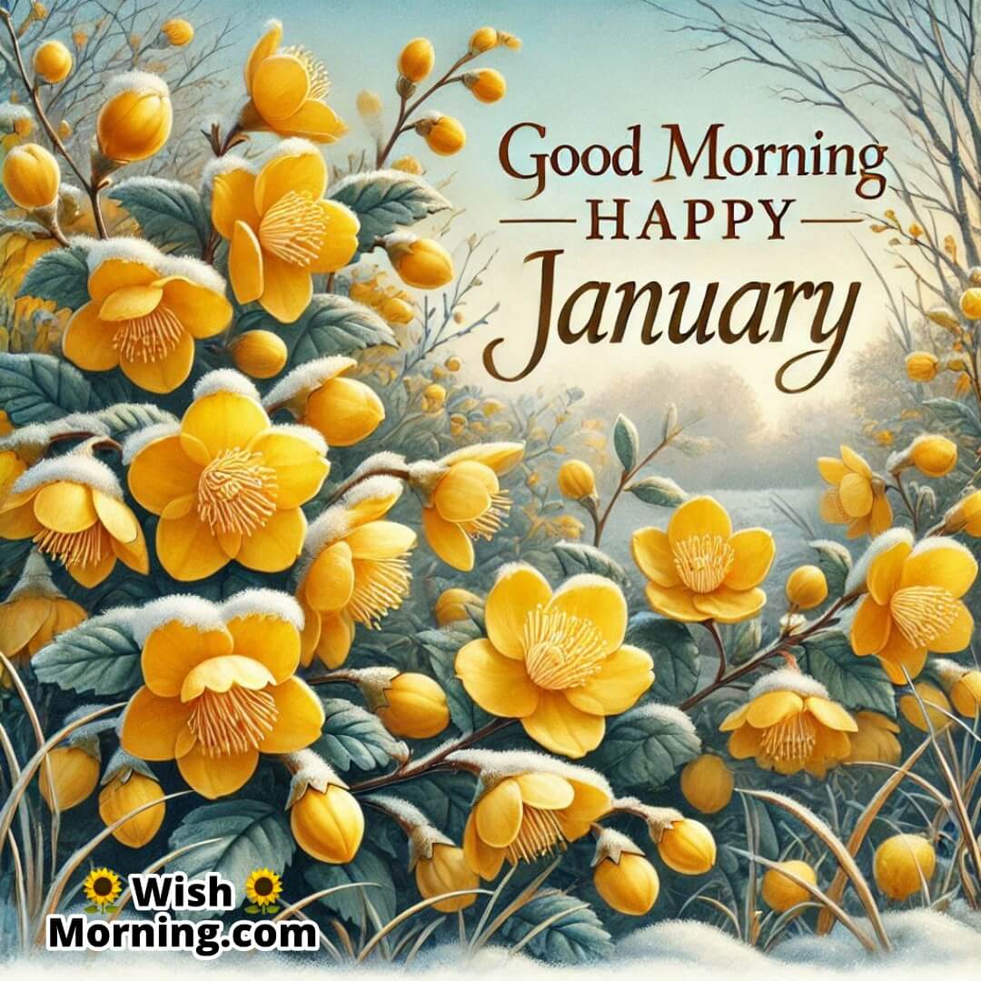 Yellow winter jasmine flowers blooming in frost with soft January sunlight and Good Morning Happy January text.