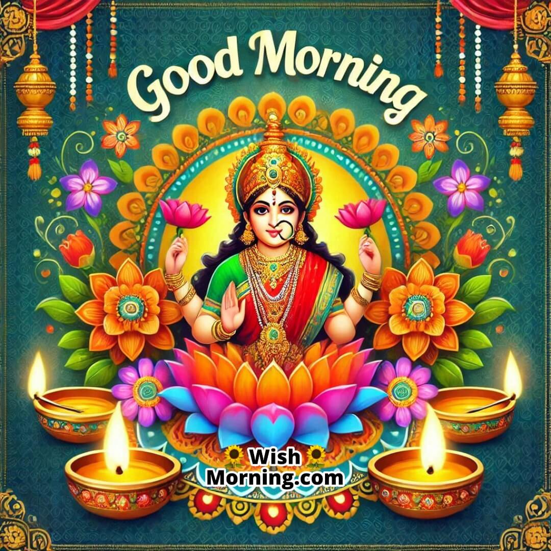 Lakshmi Mata surrounded by diyas and rangoli, with Good Morning text.