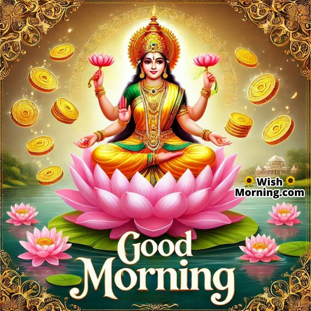 Lakshmi Mata on a lotus with flowing coins for prosperity and Good Morning text