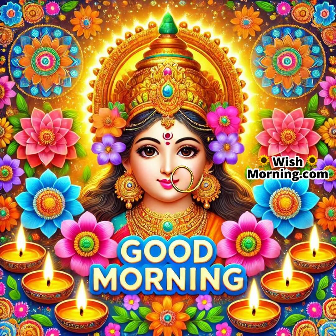 Lakshmi Mata surrounded by diyas and rangoli, with Good Morning text.