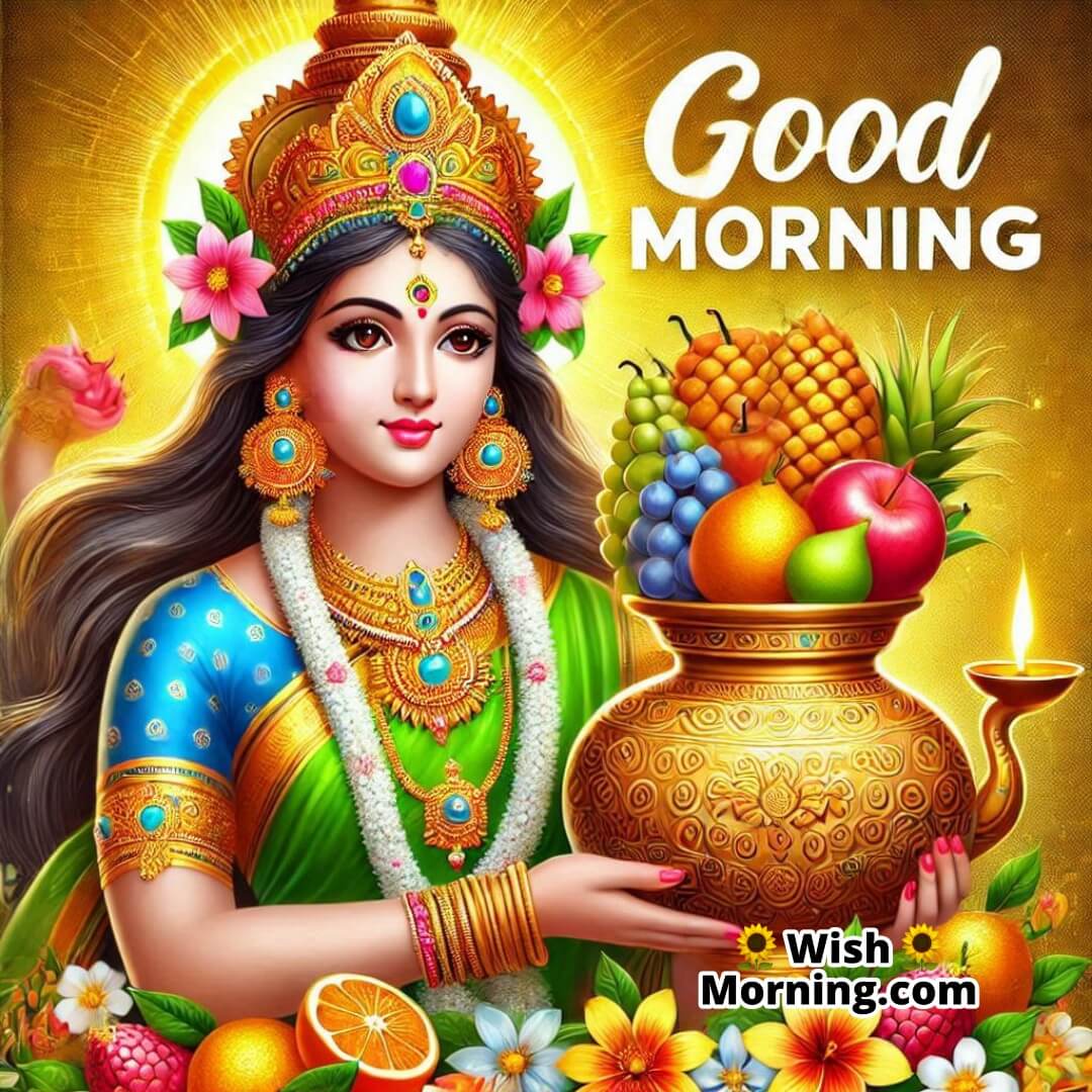 Lakshmi Mata with a golden kalash filled with blessings and Good Morning text.