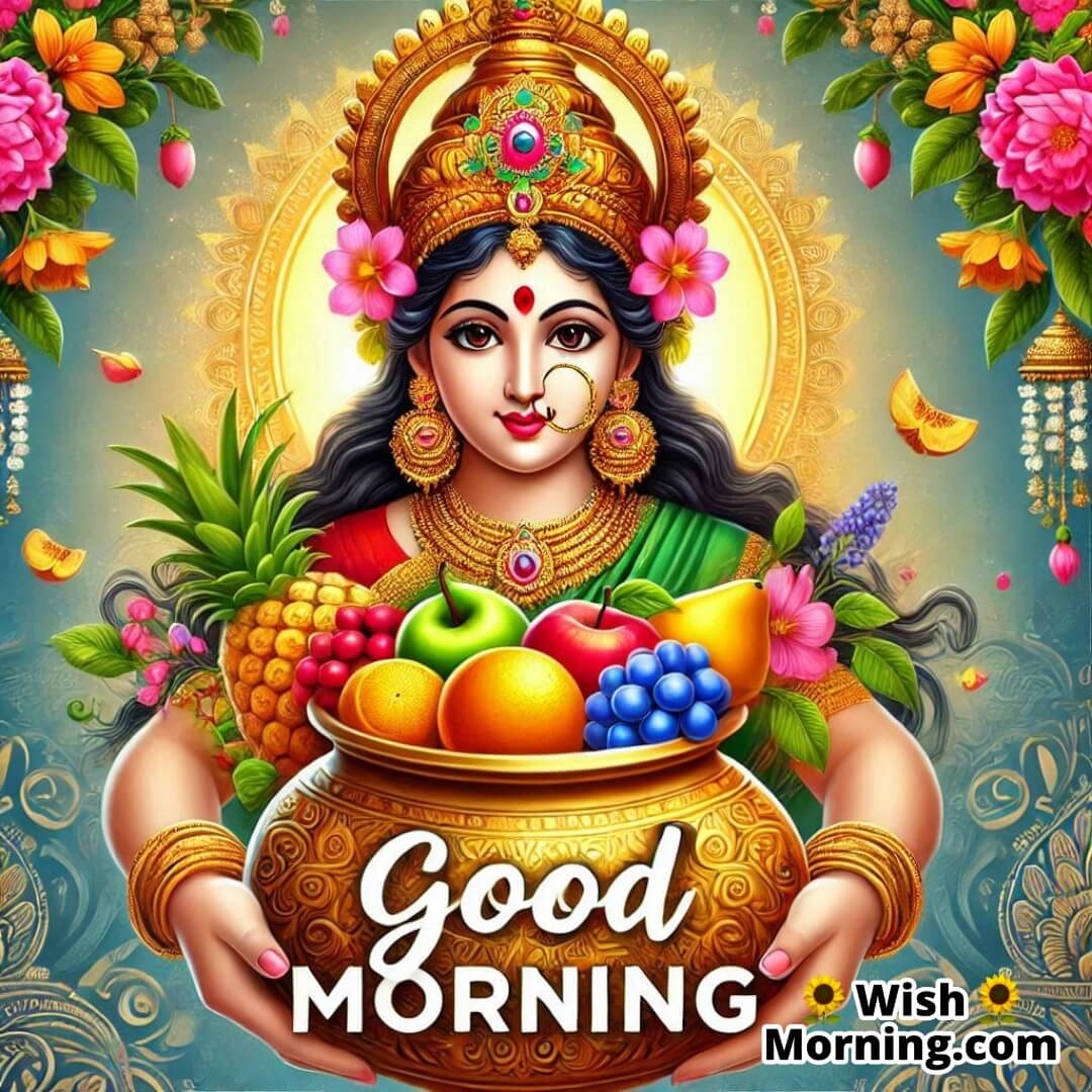 Lakshmi Mata with a golden kalash filled with blessings and Good Morning text.