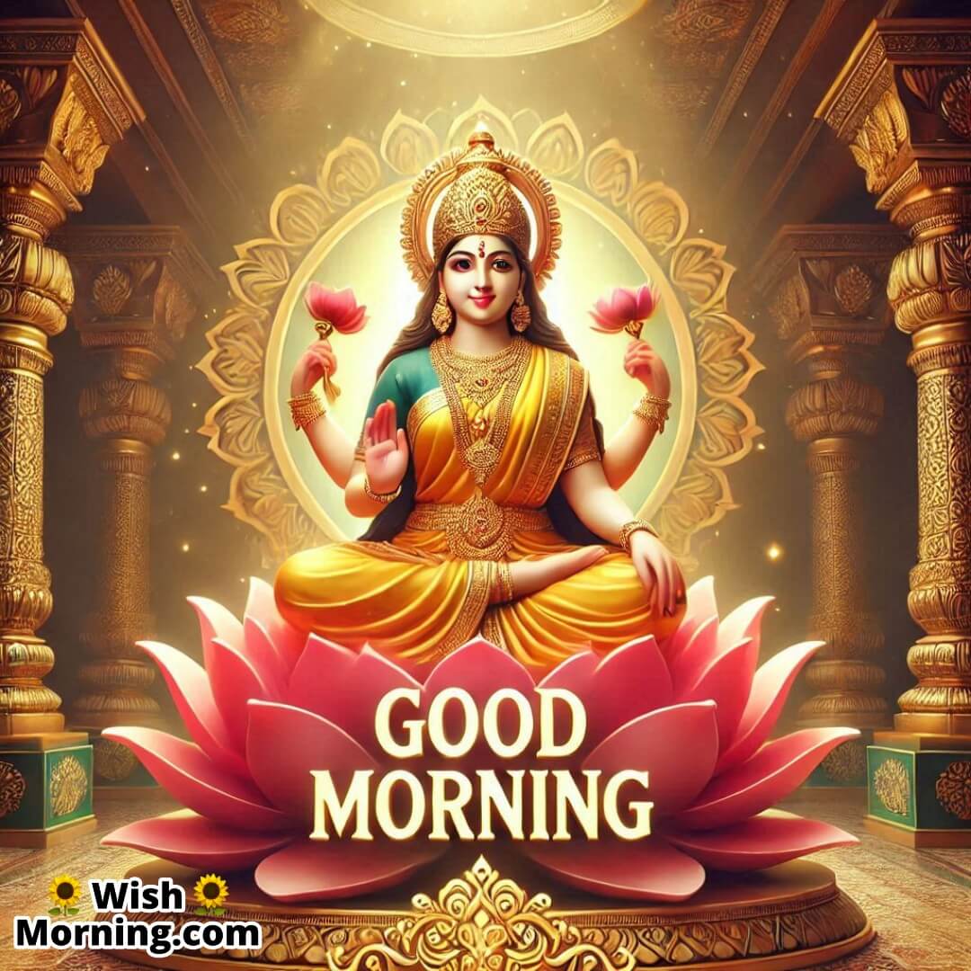 Lakshmi Mata in a temple, surrounded by golden light, with Good Morning text.