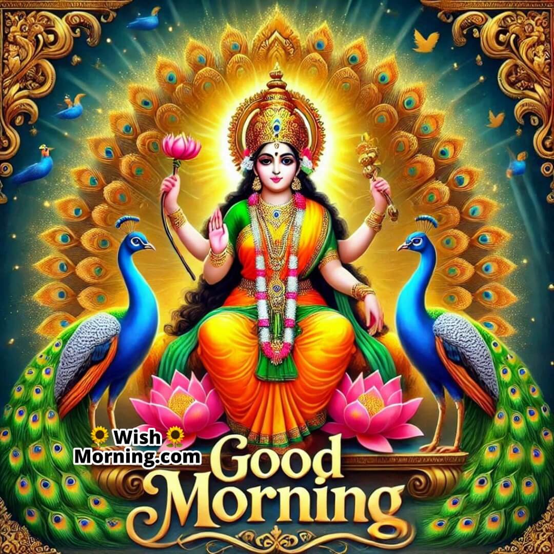 Lakshmi Mata seated on a peacock throne with Good Morning text.