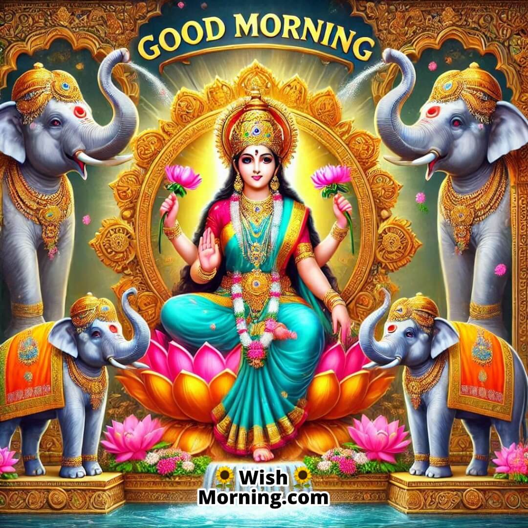 Lakshmi Mata with elephants and Good Morning text, showering blessings.