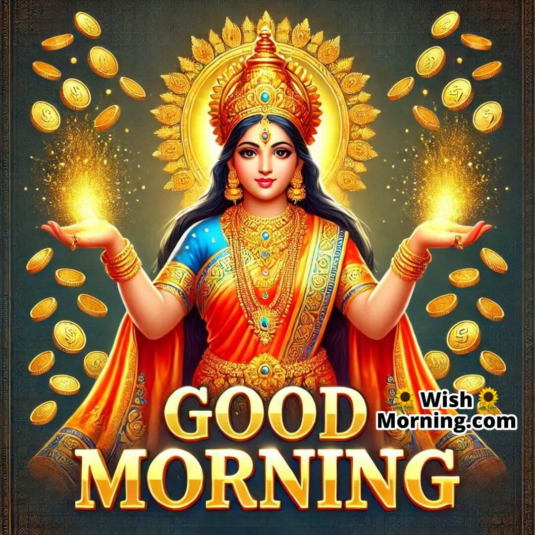 Lakshmi Mata showering golden coins, with Good Morning text.