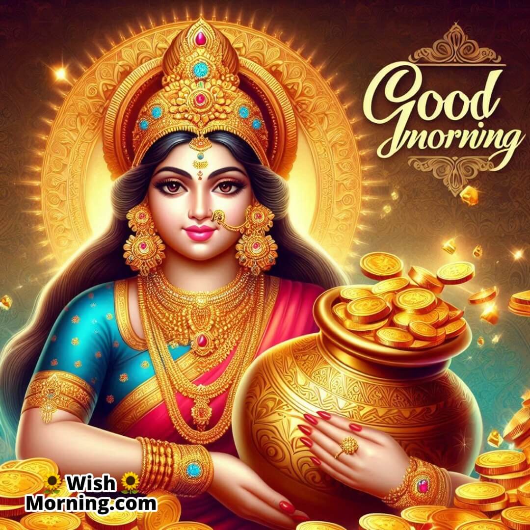 Lakshmi Mata with gold coins and wealth symbols, featuring Good Morning text.