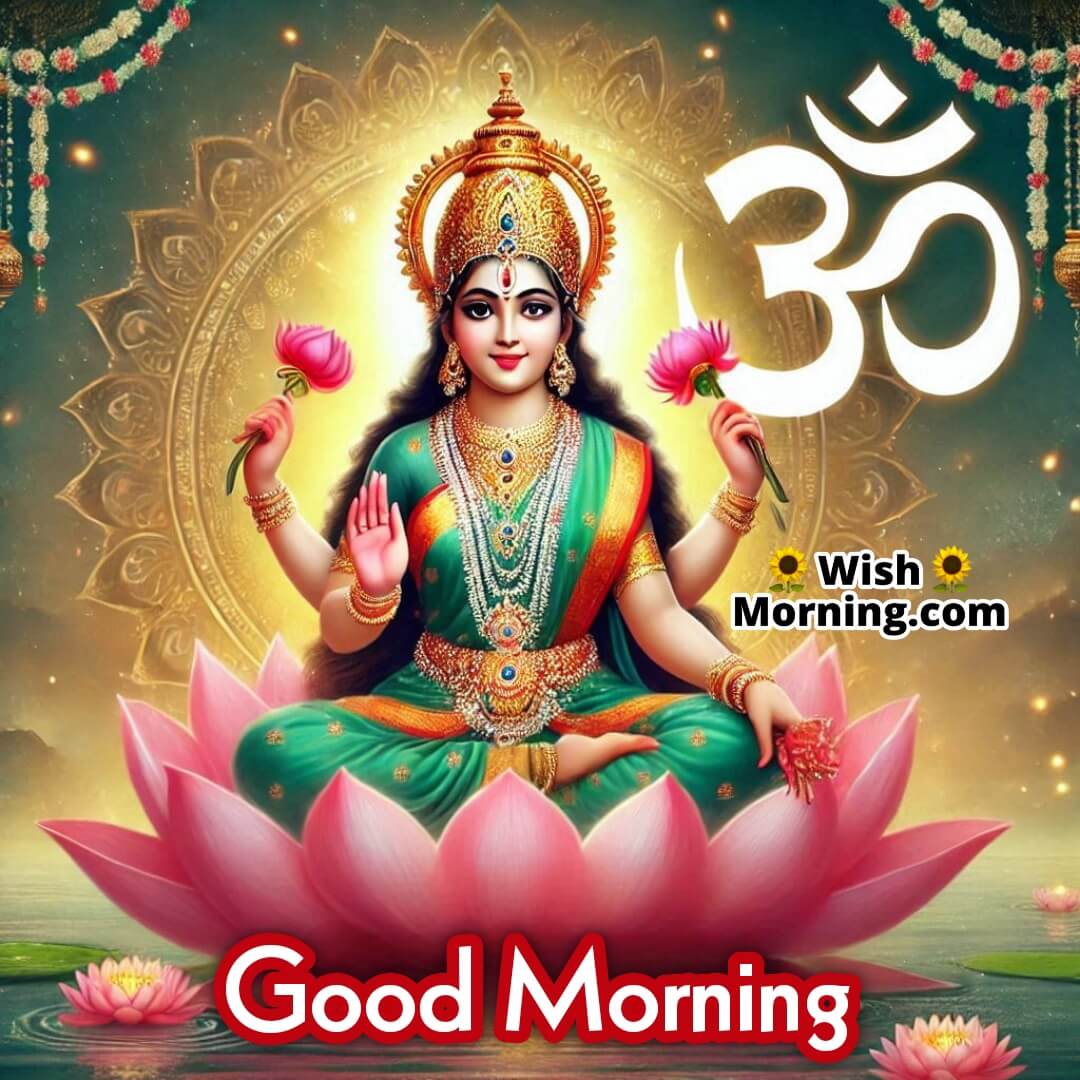 Lakshmi Mata with Om symbol and Good Morning text.