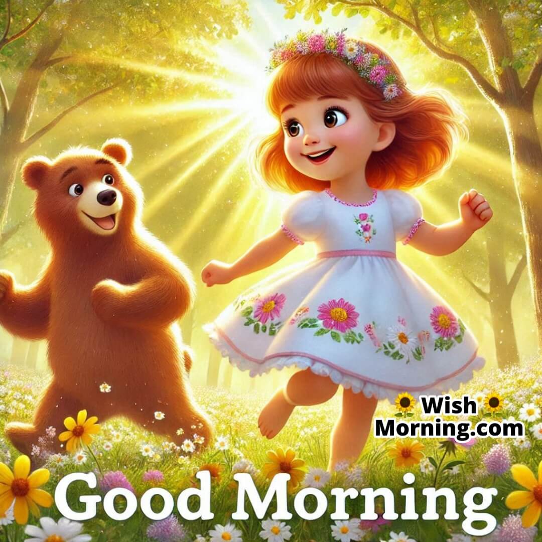 Masha skipping with joy alongside her bear, spreading cheer in the morning light.