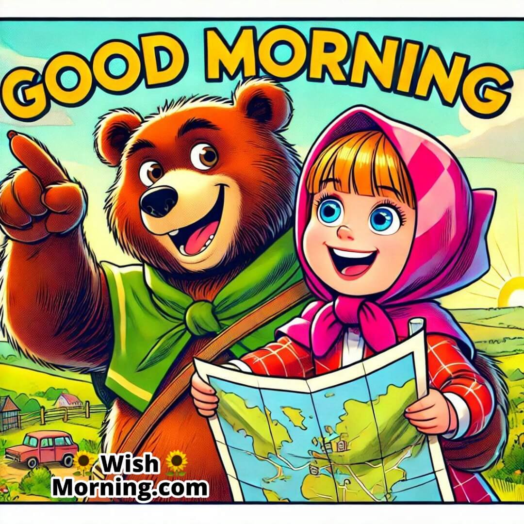 Masha and Bear in a playful comic scene, ready for a new adventure, with Good Morning text above.