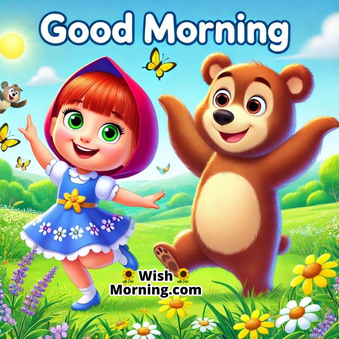 Masha and Bear dancing through a meadow, celebrating a joyful morning together.