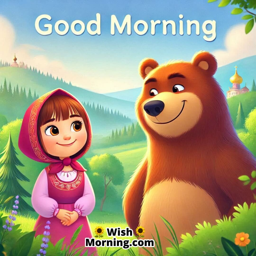 Masha and Bear sharing a peaceful, cheerful moment, ready for the day ahead.