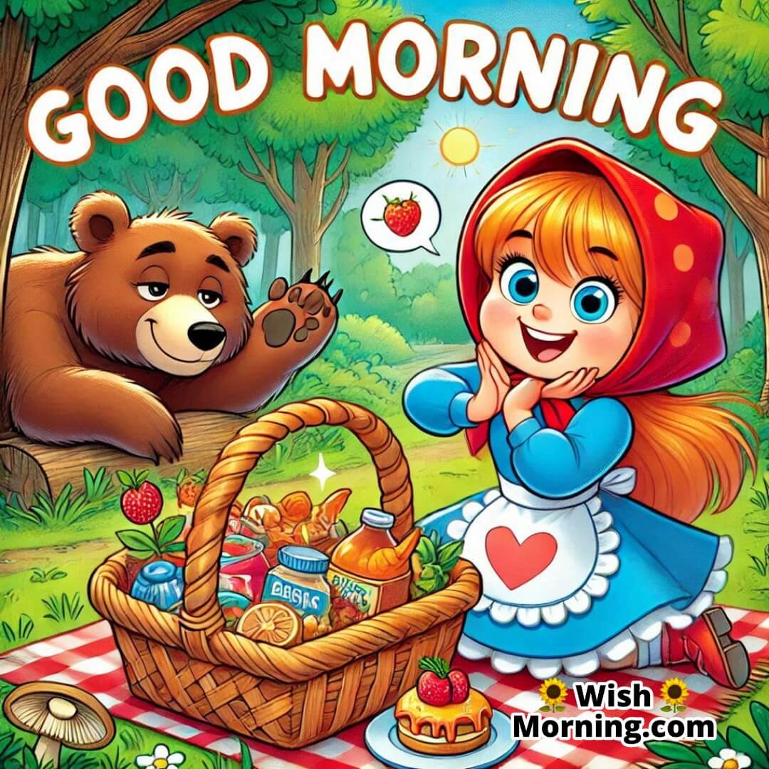 Masha and Bear enjoying a peaceful picnic together in a bright comic scene with Good Morning text.