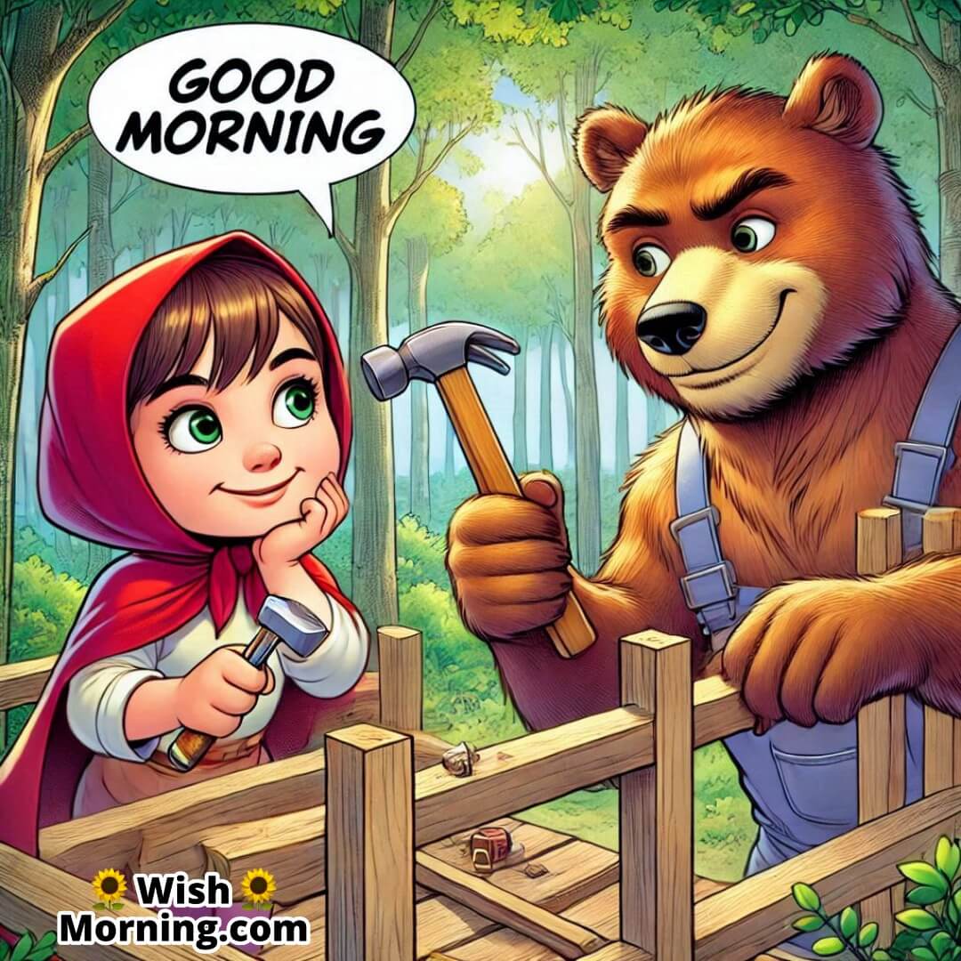 Masha and Bear working together on a treehouse, capturing a fun moment in a colorful comic panel with Good Morning text.