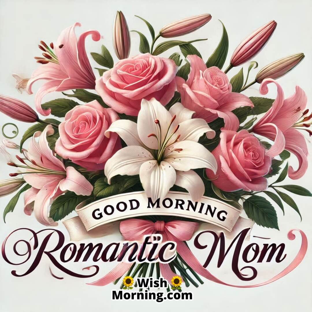 Romantic bouquet of roses and lilies in pink and white for a heartfelt Good Morning greeting to mom.