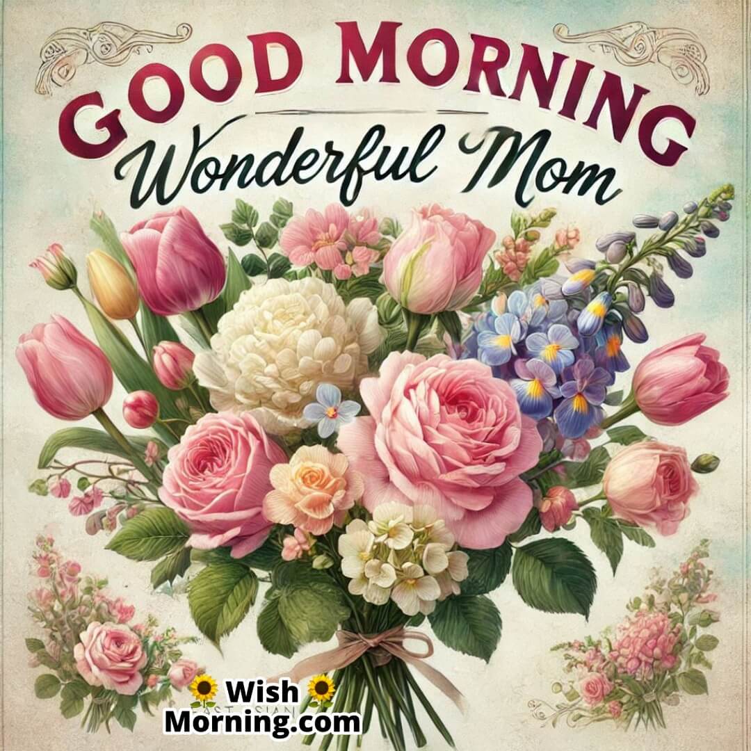 Garden mix of roses, tulips, and hydrangeas with a pastel background for a wonderful Good Morning greeting to mom.