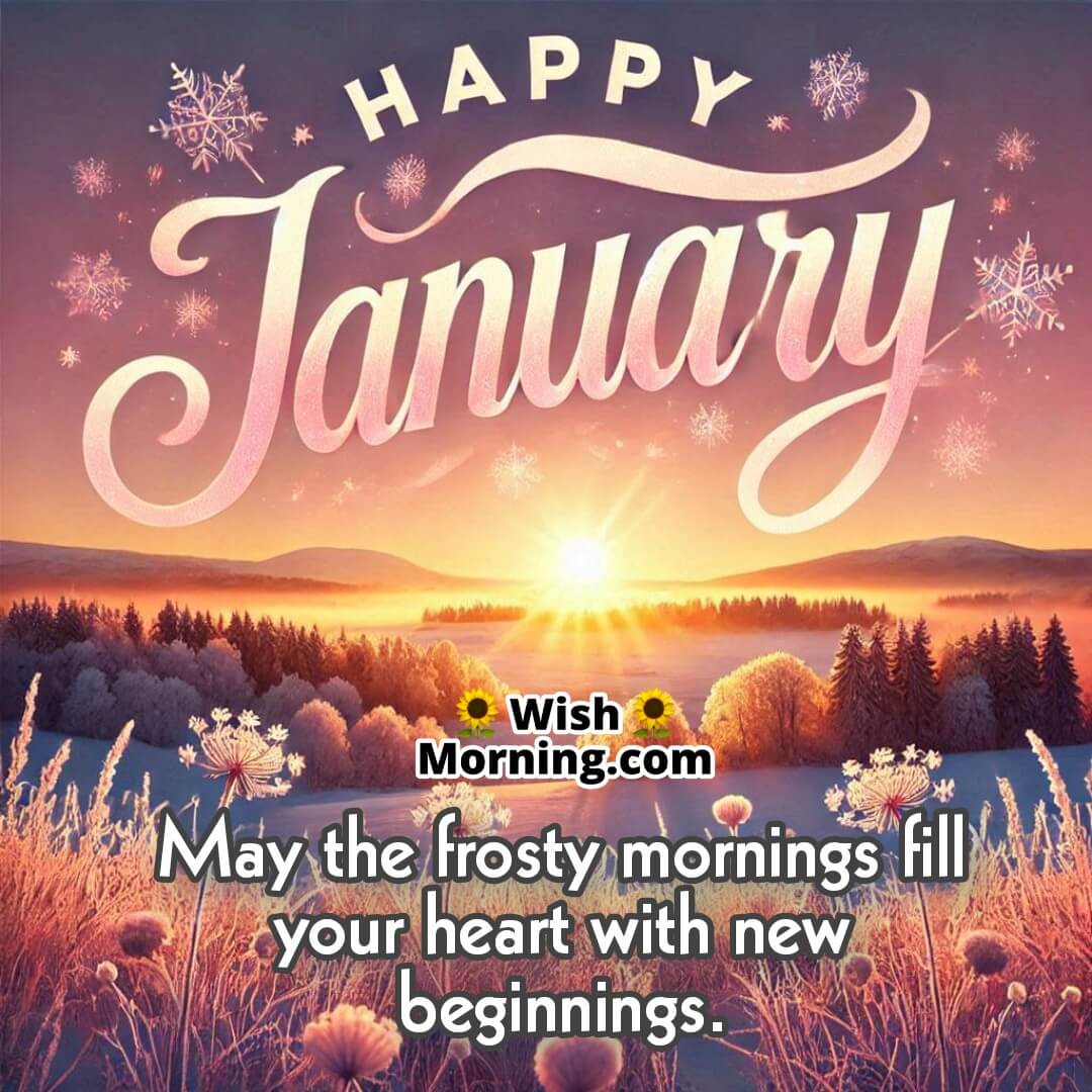 January sunrise over a frost-covered field, pink and gold hues glowing, with Happy January text at the top.