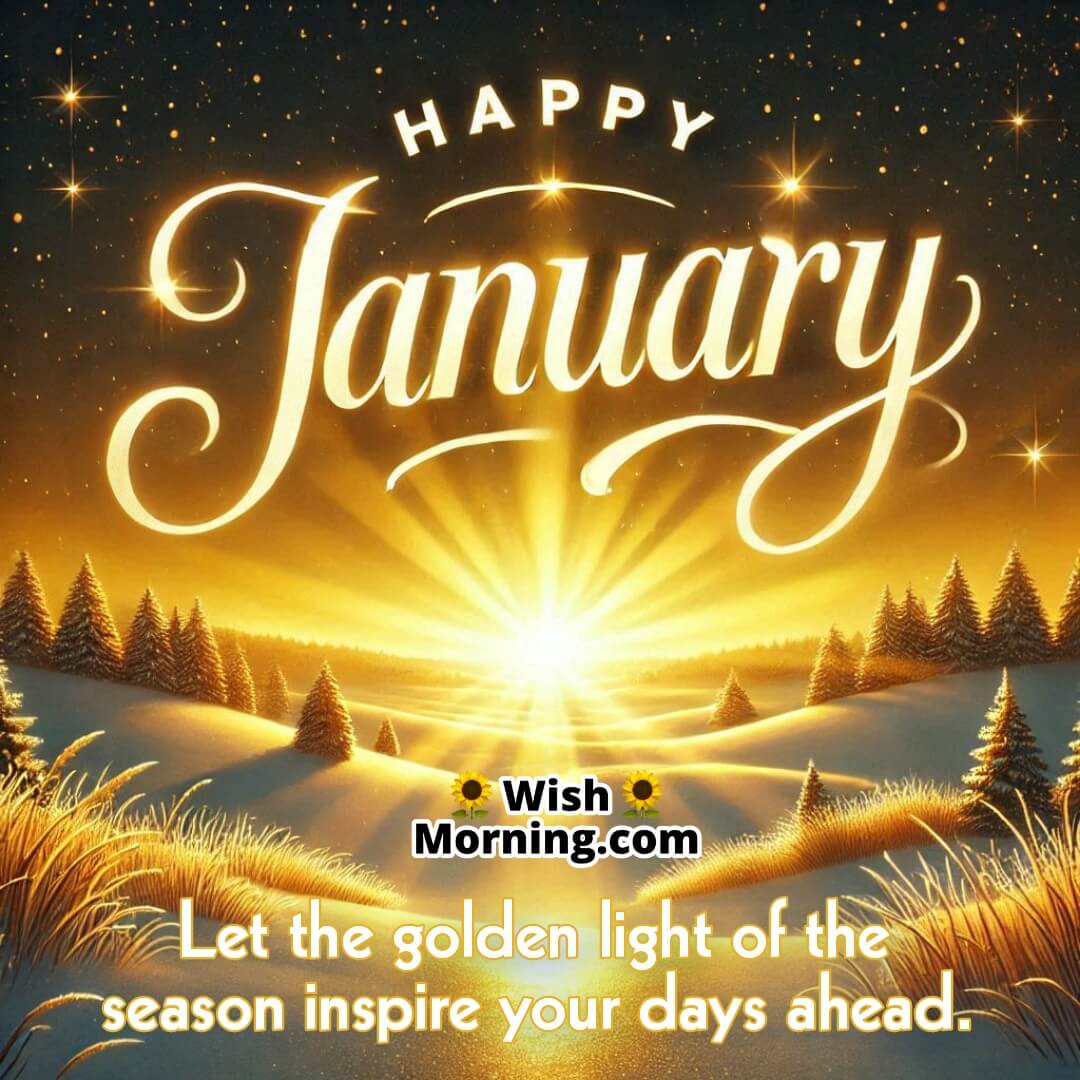 Golden sunrise over snowy fields with light reflecting off the snow, featuring Happy January in bold font.