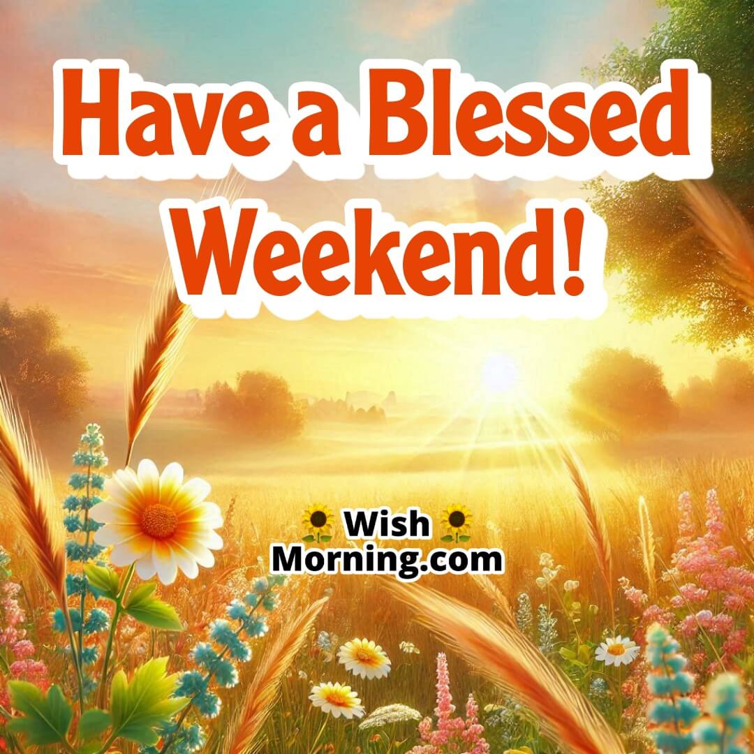 A vibrant sunrise over a peaceful meadow with soft golden hues, with a cheerful weekend blessing note.