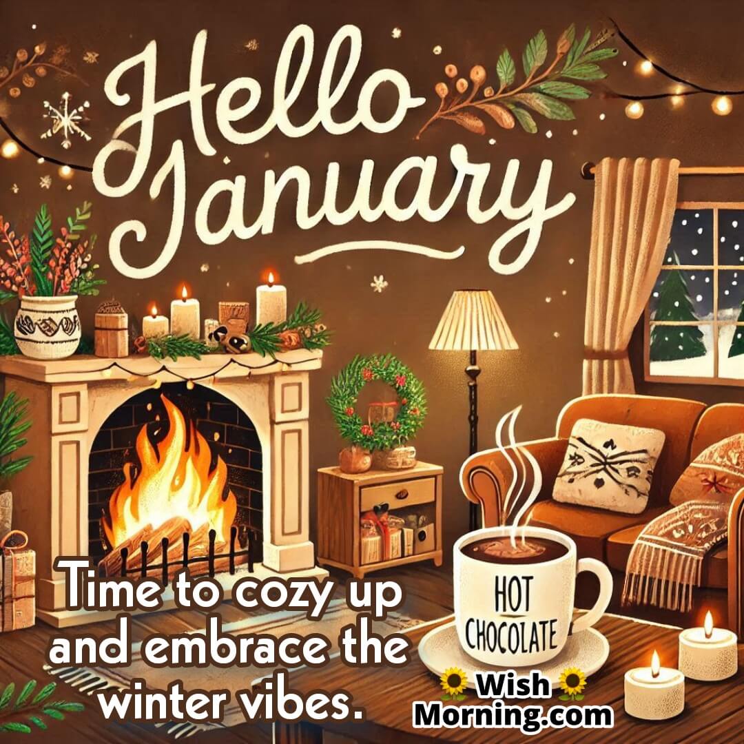 A cozy living room with a crackling fireplace and hot chocolate, featuring Hello January in a playful font.