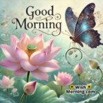 A lotus flower with a butterfly and Good Morning in whimsical, airy font.