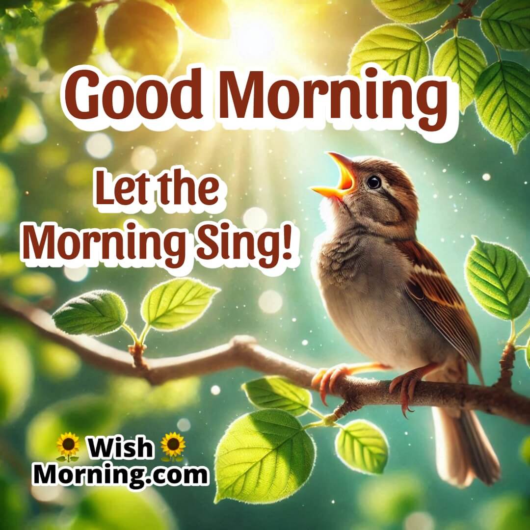 Singing sparrow on a green branch for a bright morning greeting.