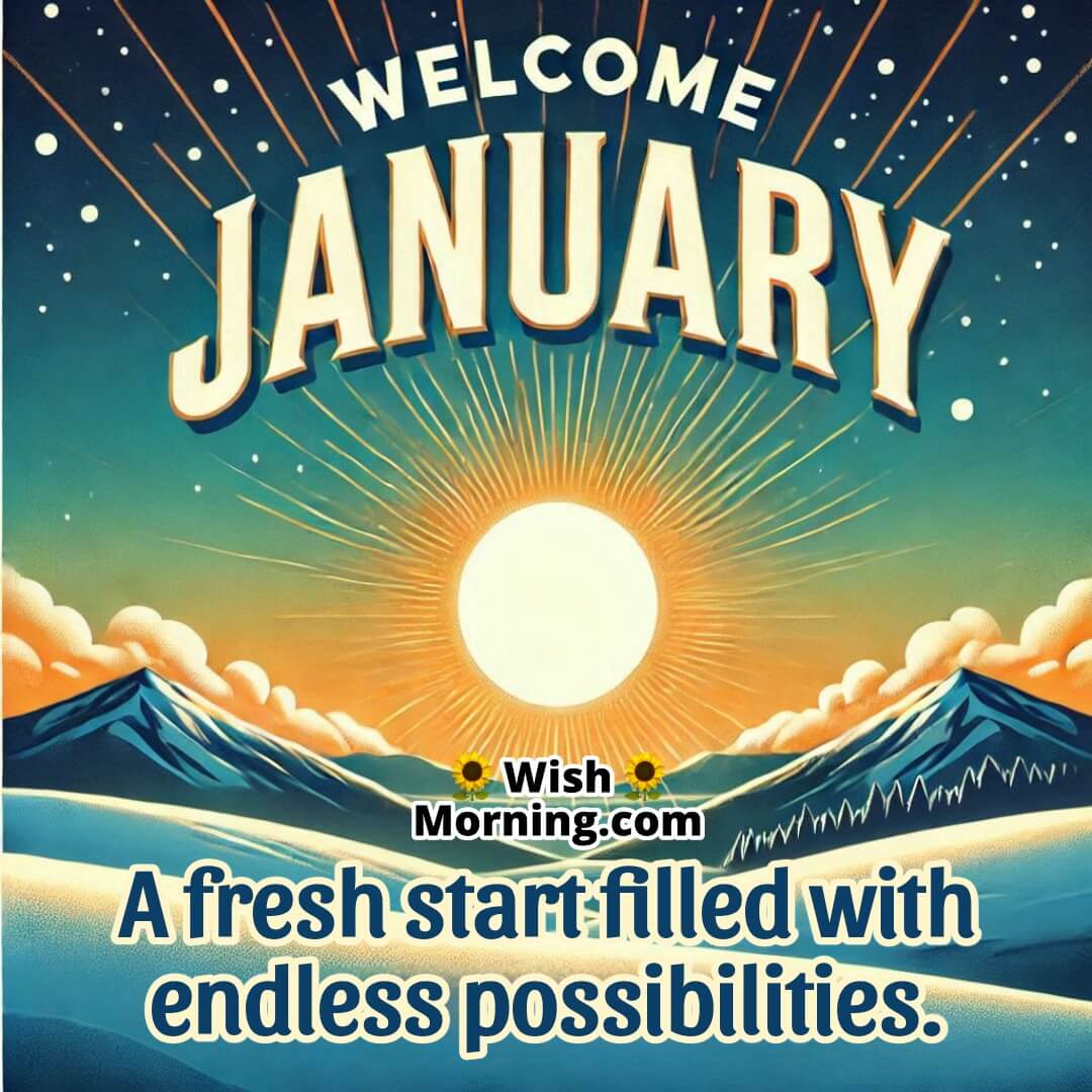 A sunrise over snow-covered hills with Welcome January written in a bold, inspiring font.