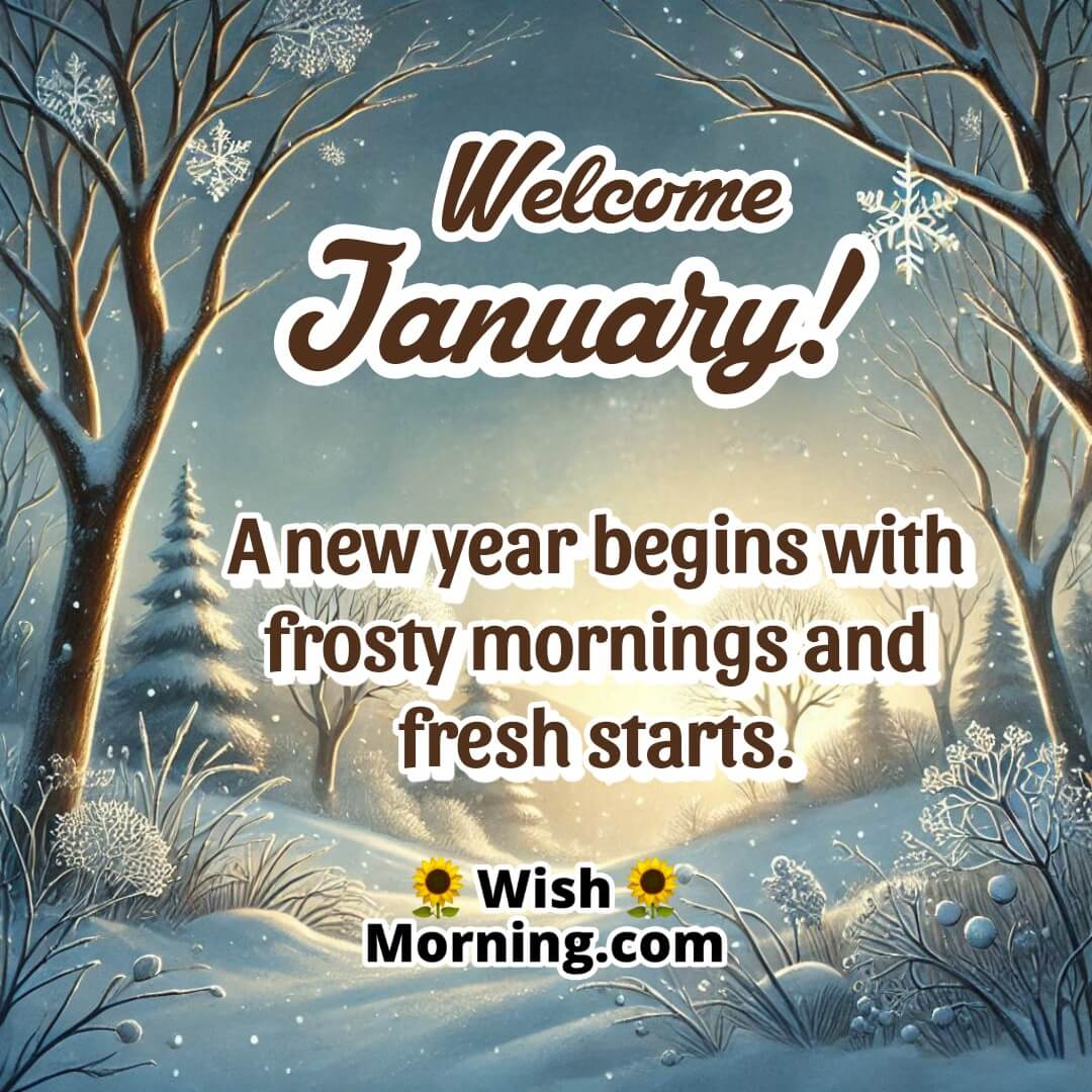 A peaceful frosty morning with snow-dusted ground and bare trees, featuring the phrase Welcome January in a frosty font.