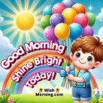 A cheerful child with balloons under a sunny sky for a good morning message.