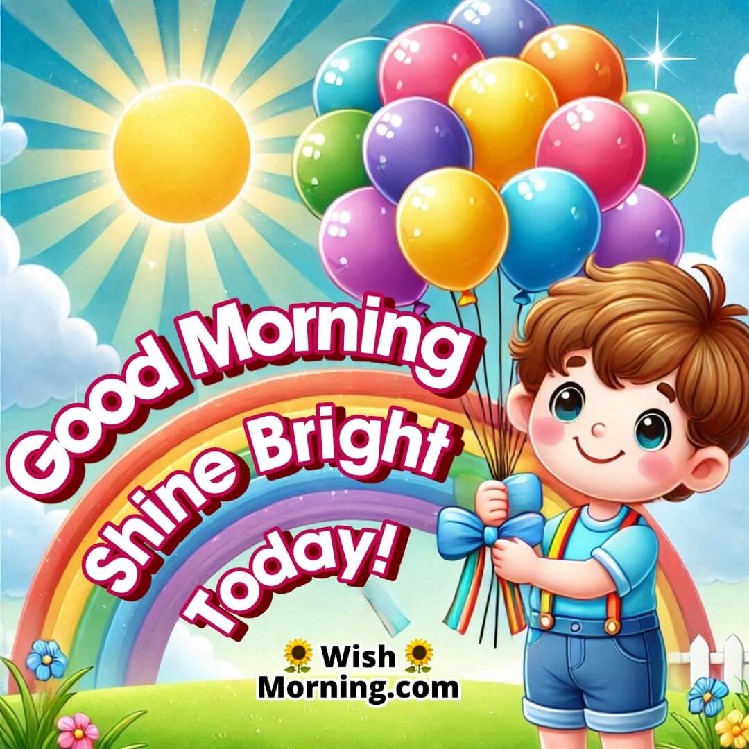 A cheerful child with balloons under a sunny sky for a good morning message.