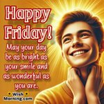 A smiling person with bright sunlight, symbolizing a cheerful and wonderful Friday.