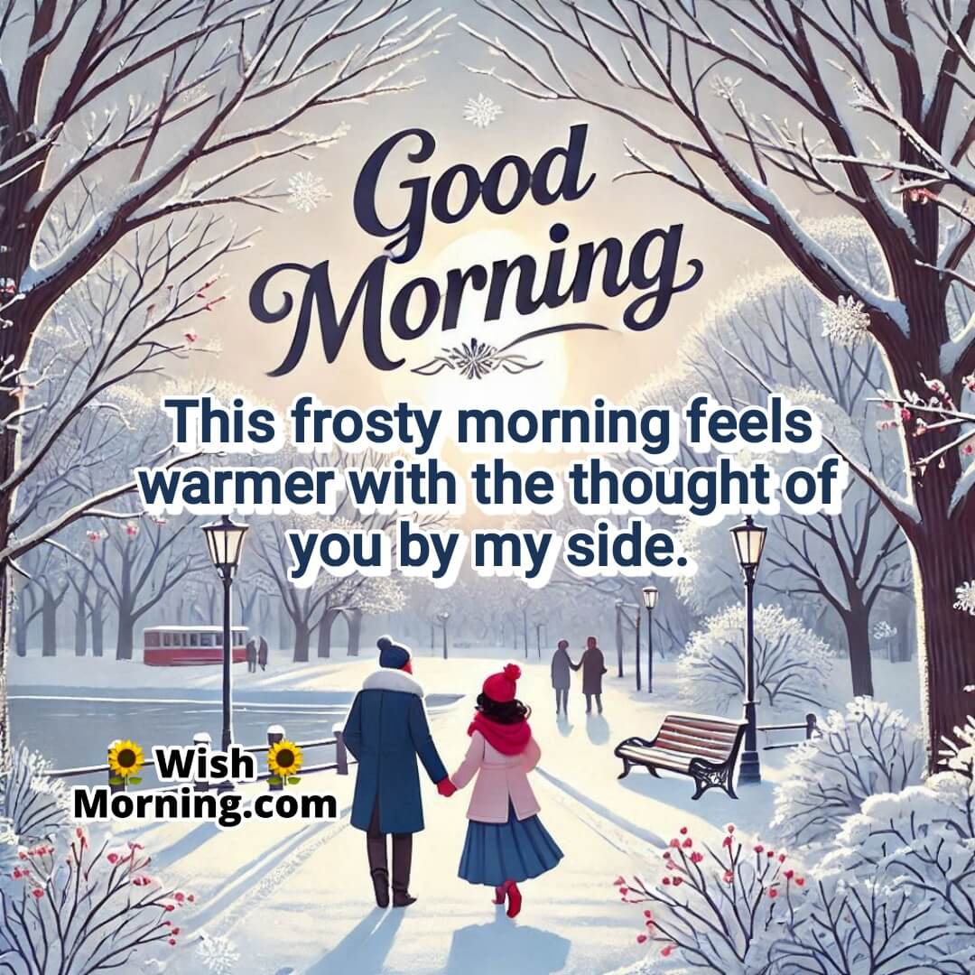 A couple walking hand in hand in a frosty park, symbolizing love on a winter morning.