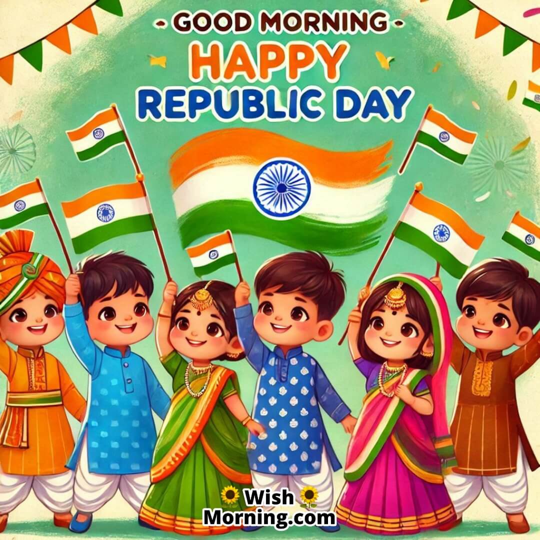 Children in traditional dress holding Indian flags with Good Morning Happy Republic Day.