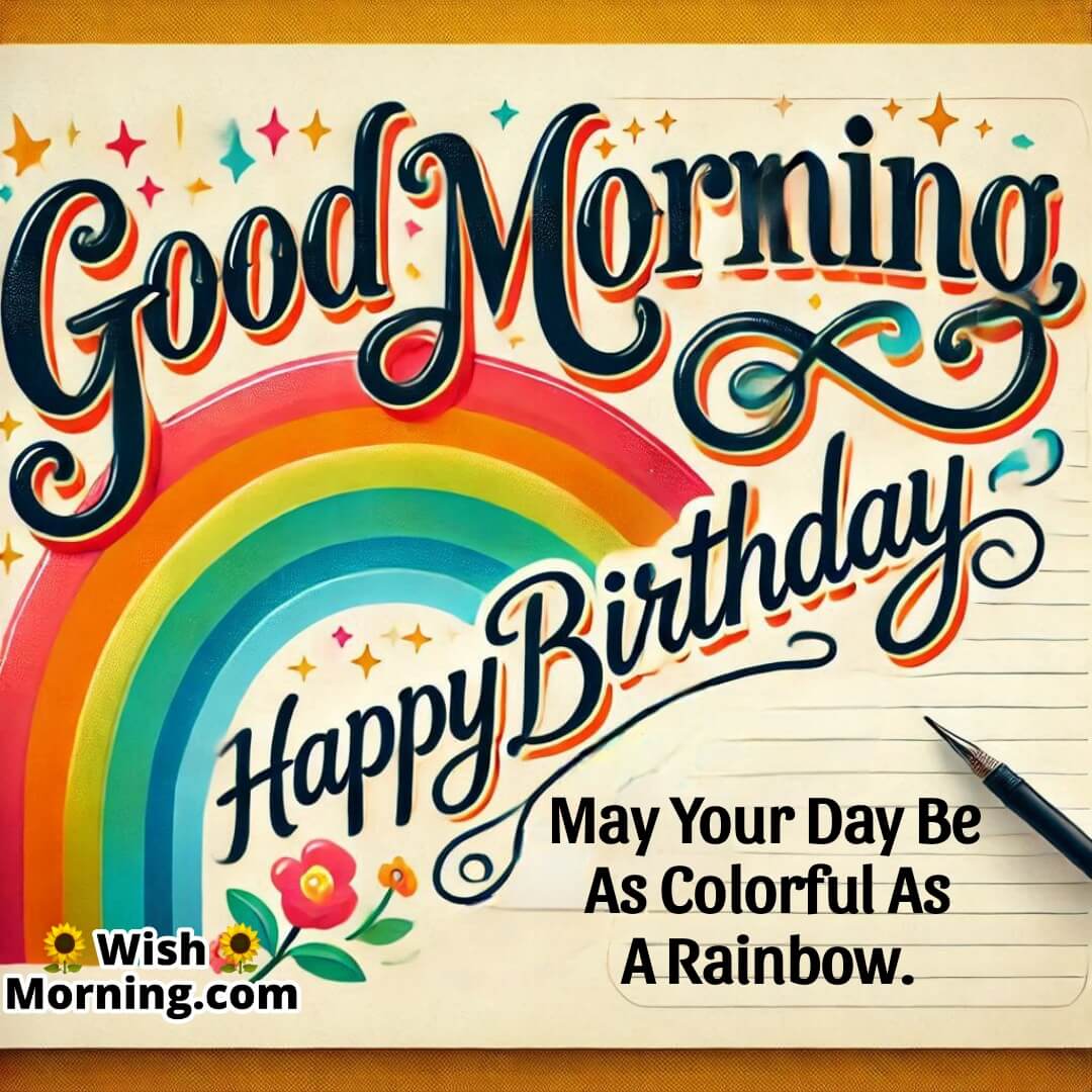 Good Morning Happy Birthday image with a colorful rainbow background,