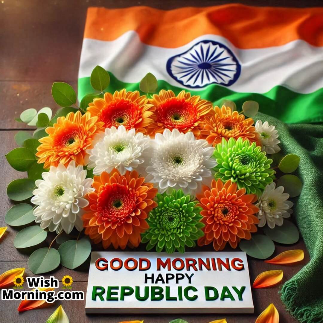 Tri-color flowers near the Indian flag with Good Morning Happy Republic Day.