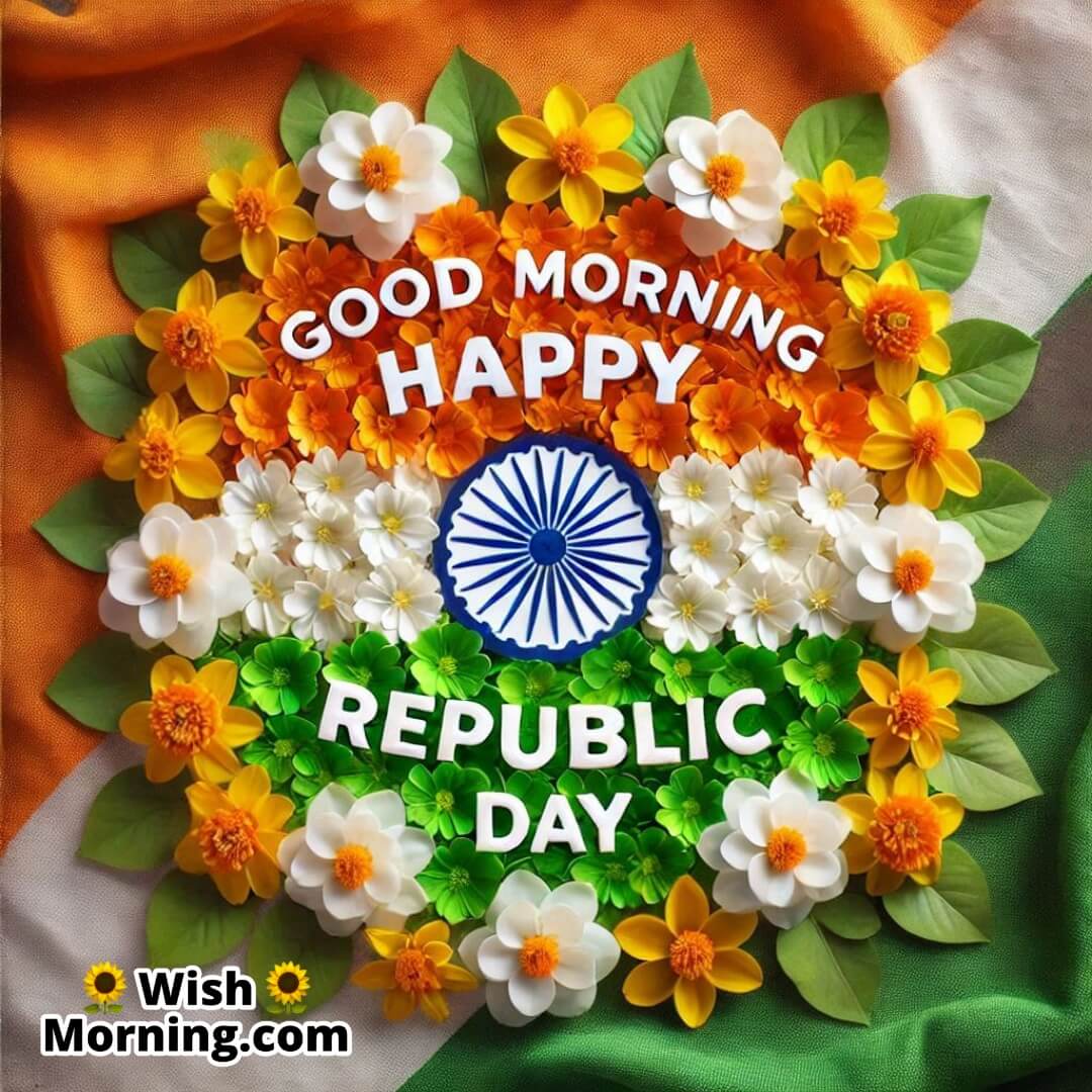 Good Morning Happy Republic Day Tri Color Flowers