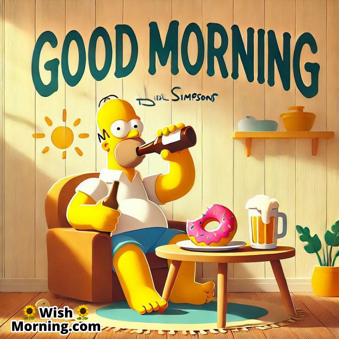 Homer Simpson enjoying a Good Morning with a beer and donut, cozy and bright setting, 